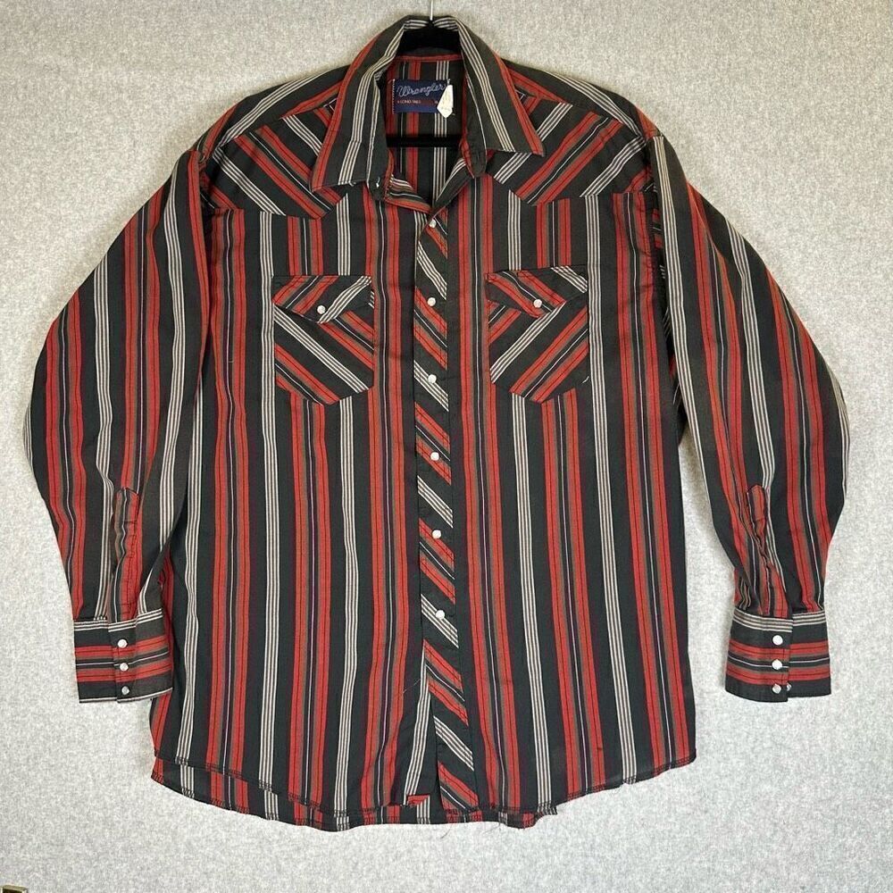 Wrangler Mens 18 Button Front Shirt Black Red Stripe Long Tails Chest Pockets